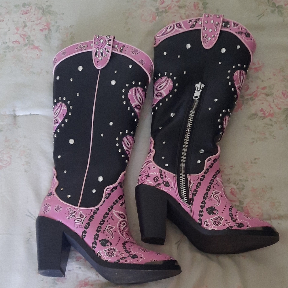Dolls Kill Pink and Black Ankle Booties with Western Flair